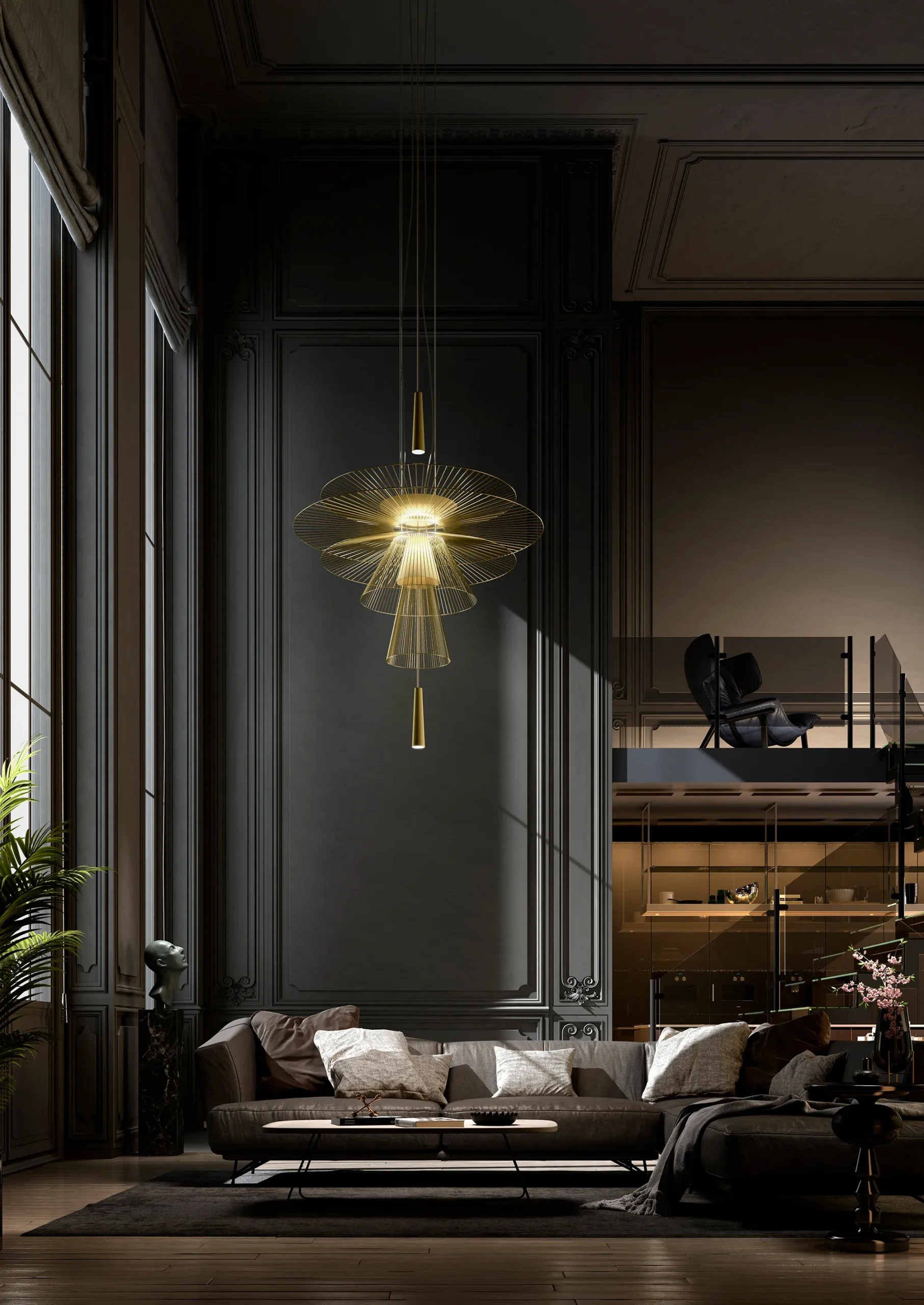 Ein Zimmer mit goldenen Hähgelampe im dunklen Wohnzimmer von Elstead Lighting